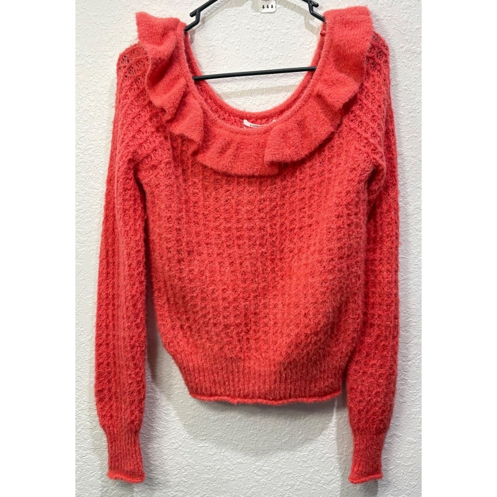 Anthropologie Women Ruffle Boat Neck Fuzzy Knit Sweater Coral Cottagecore Small